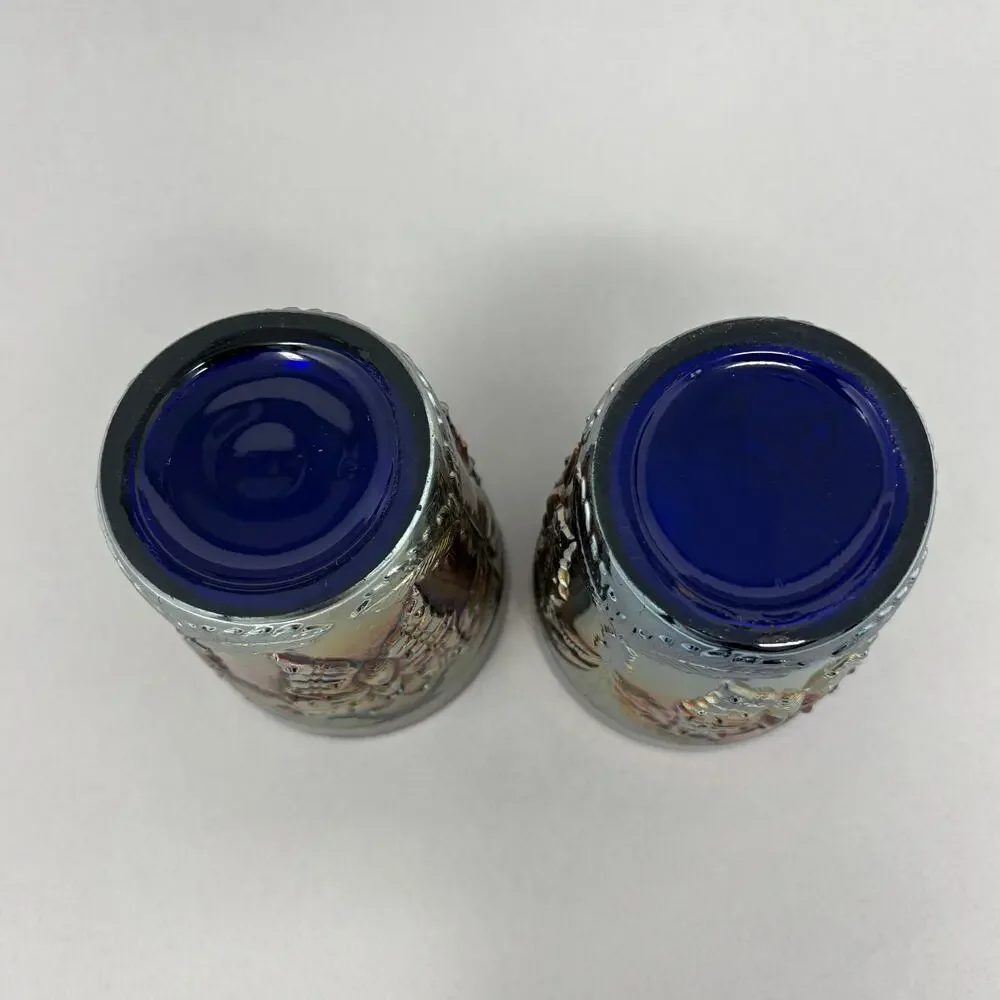 Pair of Antique Fenton Blue Carnival Glass Butterfly & Fern Tumblers Ground Base